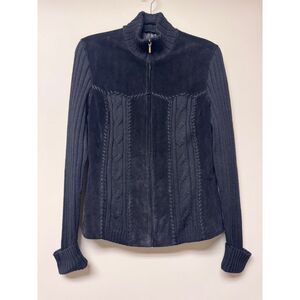 COLDWATER CREEK Black Genuine Suede Wool Blend Sweater Knit Zip Front Jacket, M